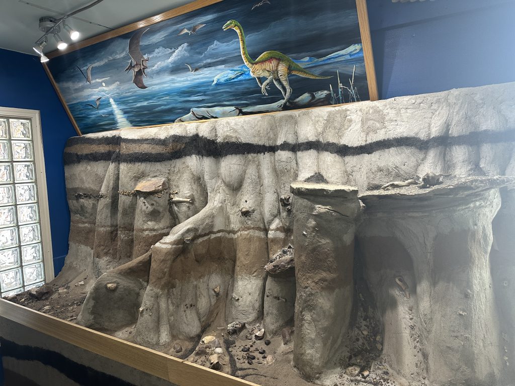 Dinosaur display inside Wayne's Fossil World.