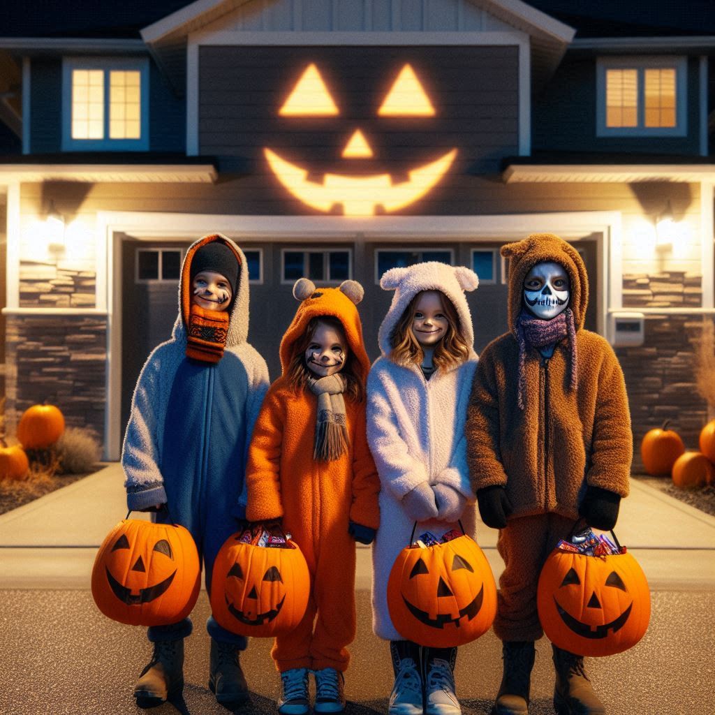 AI-generated image of kids posing for a trick-or-treating photo in front of the garage