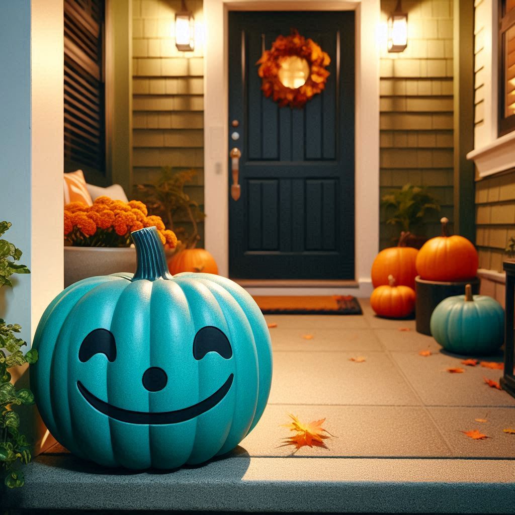 AI-image of a teal pumpkin on a front porch