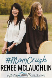 Pin image reads "#MomCrush Renee McLauchlan" with a photo of Renee and her mom laughing in a meadow with fall trees in the background.